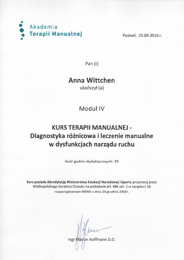 Certyfikat terapii manualnej, moduł 4